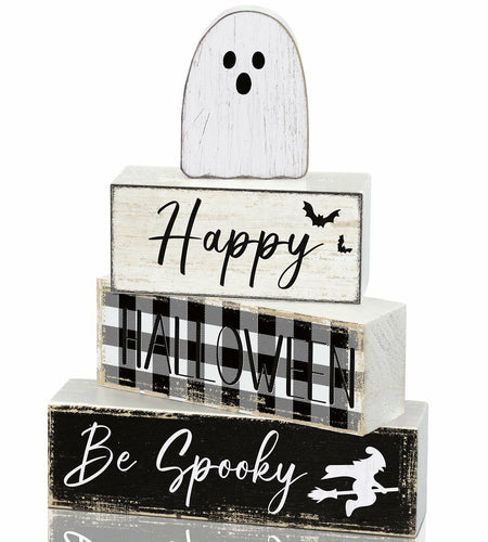 Yalikop Halloween Ghost Table Decor Wooden Block Signs Farmhouse 4 Pcs