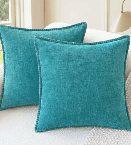 CaliTime Chenille Throw Pillow Covers 24x24 Set of 2 Lake Blue