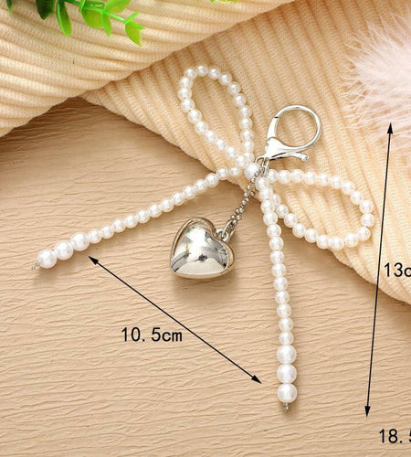 AYYSHULAN Bow Heart Keychain Pearl Bowknot Key Ring Bag & Car Accessory White