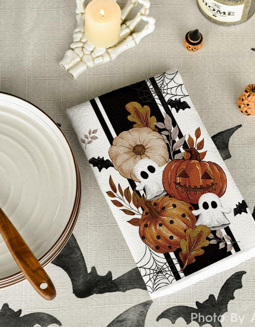 Load image into Gallery viewer, Artoid Mode Halloween Kitchen Towels Set 2 Black Polka Dot Pumpkin 18x26 Inch
