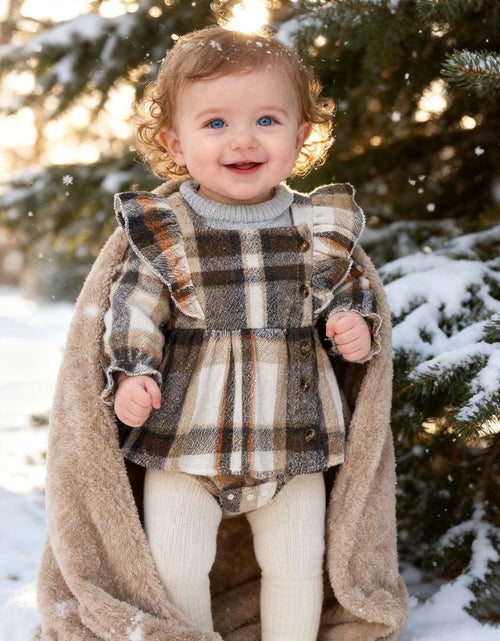 Load image into Gallery viewer, TITKKOP Baby Girl Plaid Romper Dress Bow Headband Khaki Size 6-12M

