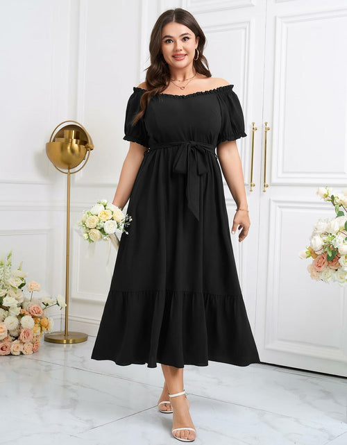 Load image into Gallery viewer, SCOMCHIC Plus Size Off Shoulder Puff Sleeve Maxi Dress Belt Black Size 3X
