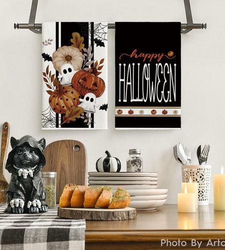 Artoid Mode Halloween Kitchen Towels Set 2 Black Polka Dot Pumpkin 18x26 Inch