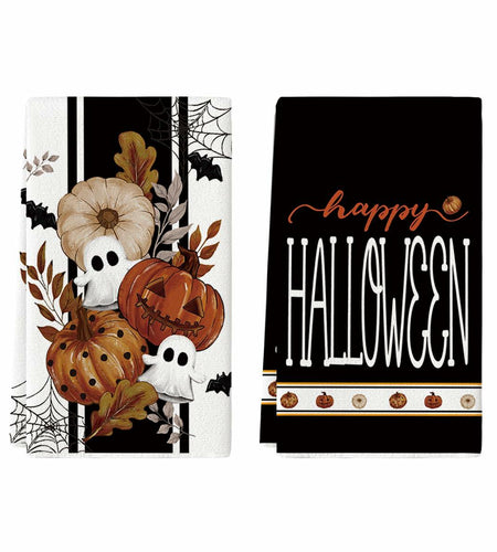 Artoid Mode Halloween Kitchen Towels Set 2 Black Polka Dot Pumpkin 18x26 Inch