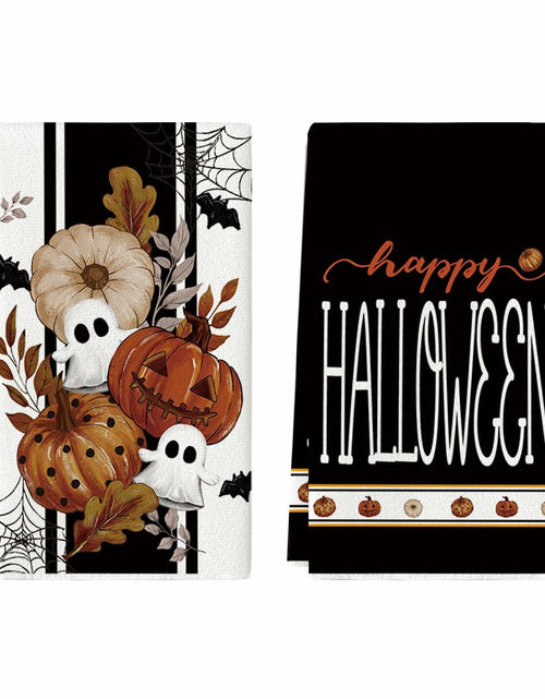Load image into Gallery viewer, Artoid Mode Halloween Kitchen Towels Set 2 Black Polka Dot Pumpkin 18x26 Inch
