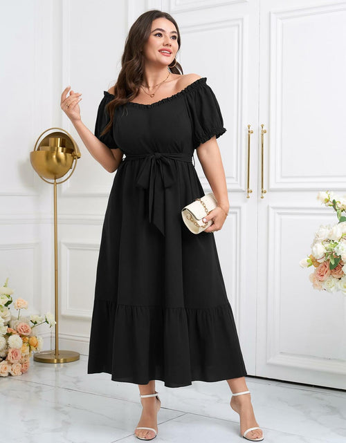 Load image into Gallery viewer, SCOMCHIC Plus Size Off Shoulder Puff Sleeve Maxi Dress Belt Black Size 3X
