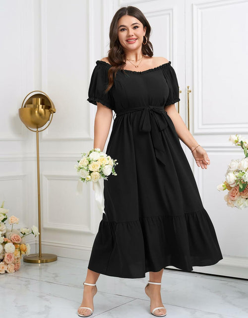 Load image into Gallery viewer, SCOMCHIC Plus Size Off Shoulder Puff Sleeve Maxi Dress Belt Black Size 3X
