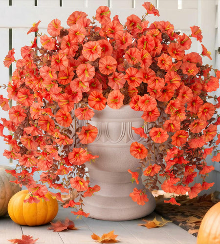 HyeFlora Fake Mums Artificial Fall Hanging Flowers 2 PCS Orange Brown Leaves
