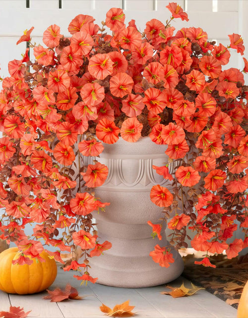 Load image into Gallery viewer, HyeFlora Fake Mums Artificial Fall Hanging Flowers 2 PCS Orange Brown Leaves
