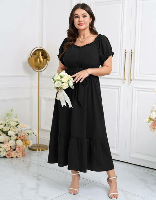 Load image into Gallery viewer, SCOMCHIC Plus Size Off Shoulder Puff Sleeve Maxi Dress Belt Black Size 3X
