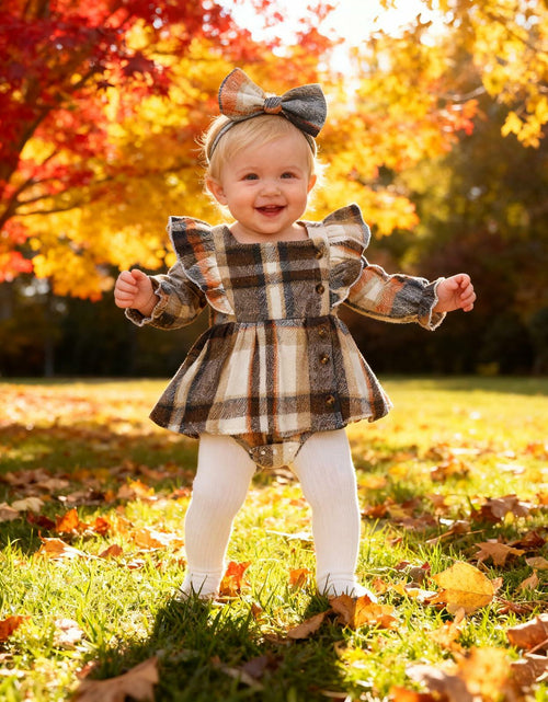 Load image into Gallery viewer, TITKKOP Baby Girl Plaid Romper Dress Bow Headband Khaki Size 6-12M
