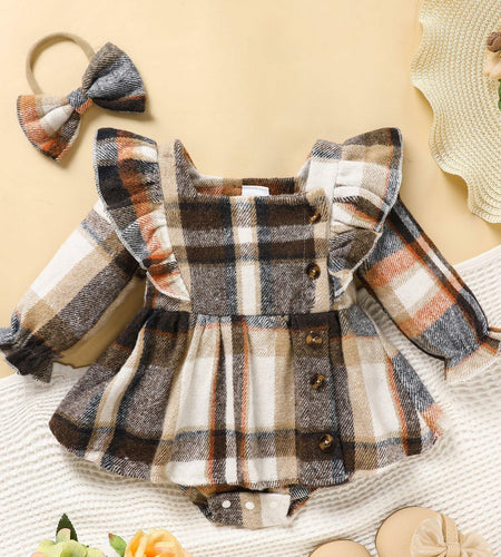 TITKKOP Baby Girl Plaid Romper Dress Bow Headband Khaki Size 6-12M