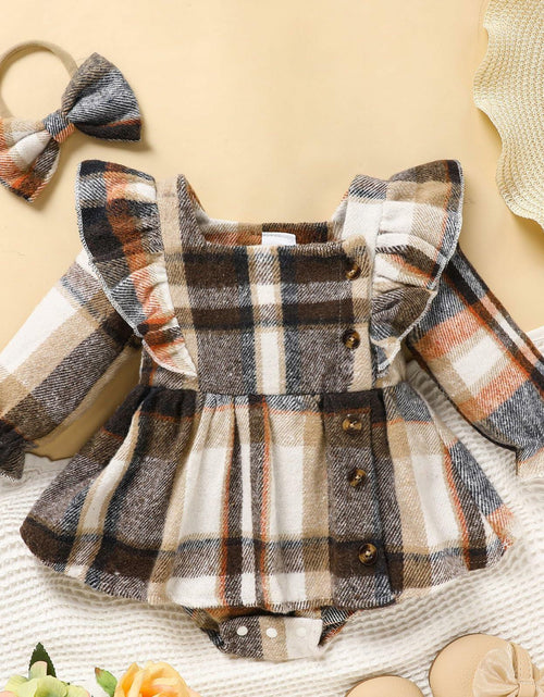 Load image into Gallery viewer, TITKKOP Baby Girl Plaid Romper Dress Bow Headband Khaki Size 6-12M
