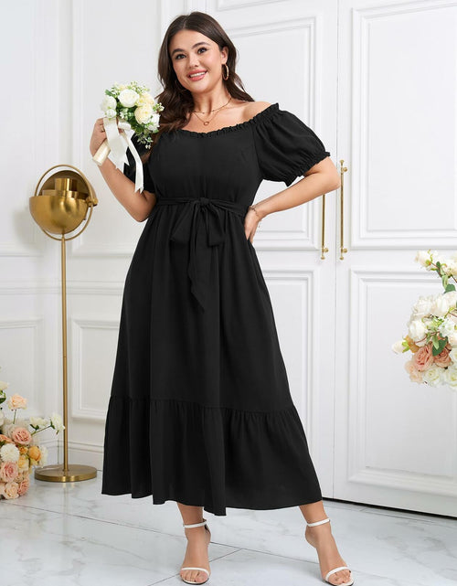 Load image into Gallery viewer, SCOMCHIC Plus Size Off Shoulder Puff Sleeve Maxi Dress Belt Black Size 3X
