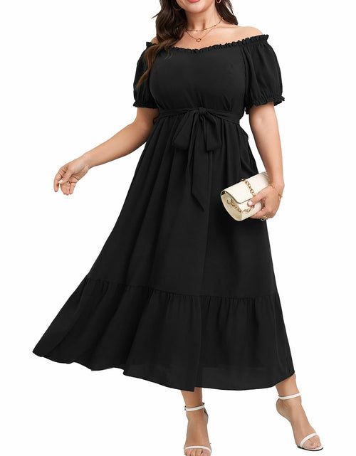 Load image into Gallery viewer, SCOMCHIC Plus Size Off Shoulder Puff Sleeve Maxi Dress Belt Black Size 3X

