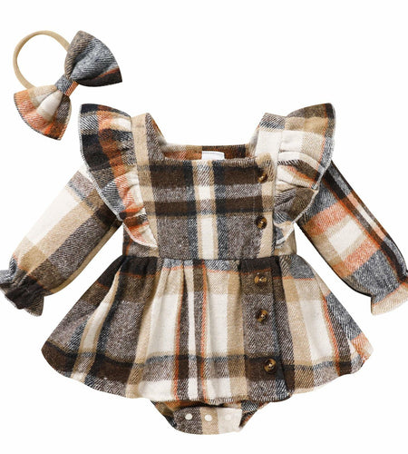 TITKKOP Baby Girl Plaid Romper Dress Bow Headband Khaki Size 6-12M