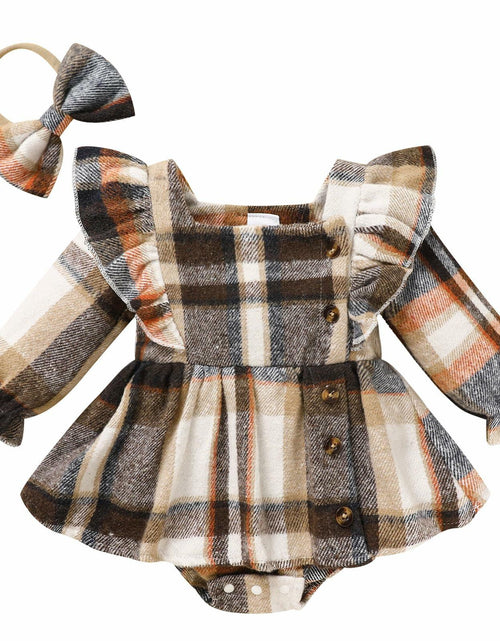 Load image into Gallery viewer, TITKKOP Baby Girl Plaid Romper Dress Bow Headband Khaki Size 6-12M
