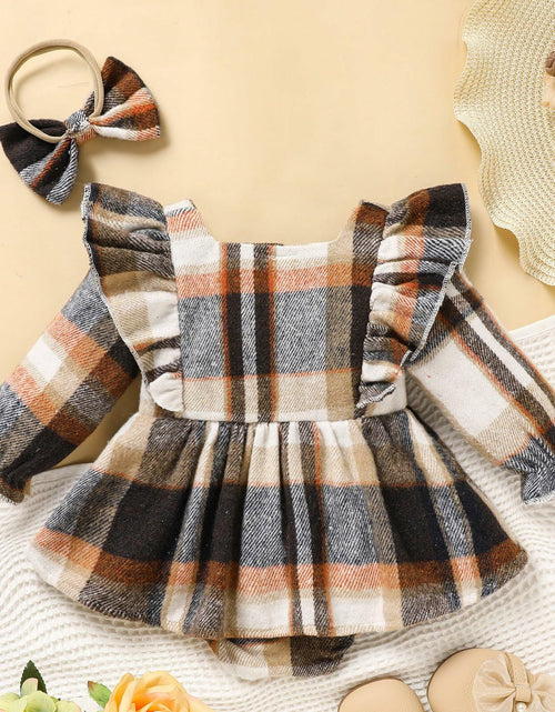 Load image into Gallery viewer, TITKKOP Baby Girl Plaid Romper Dress Bow Headband Khaki Size 6-12M

