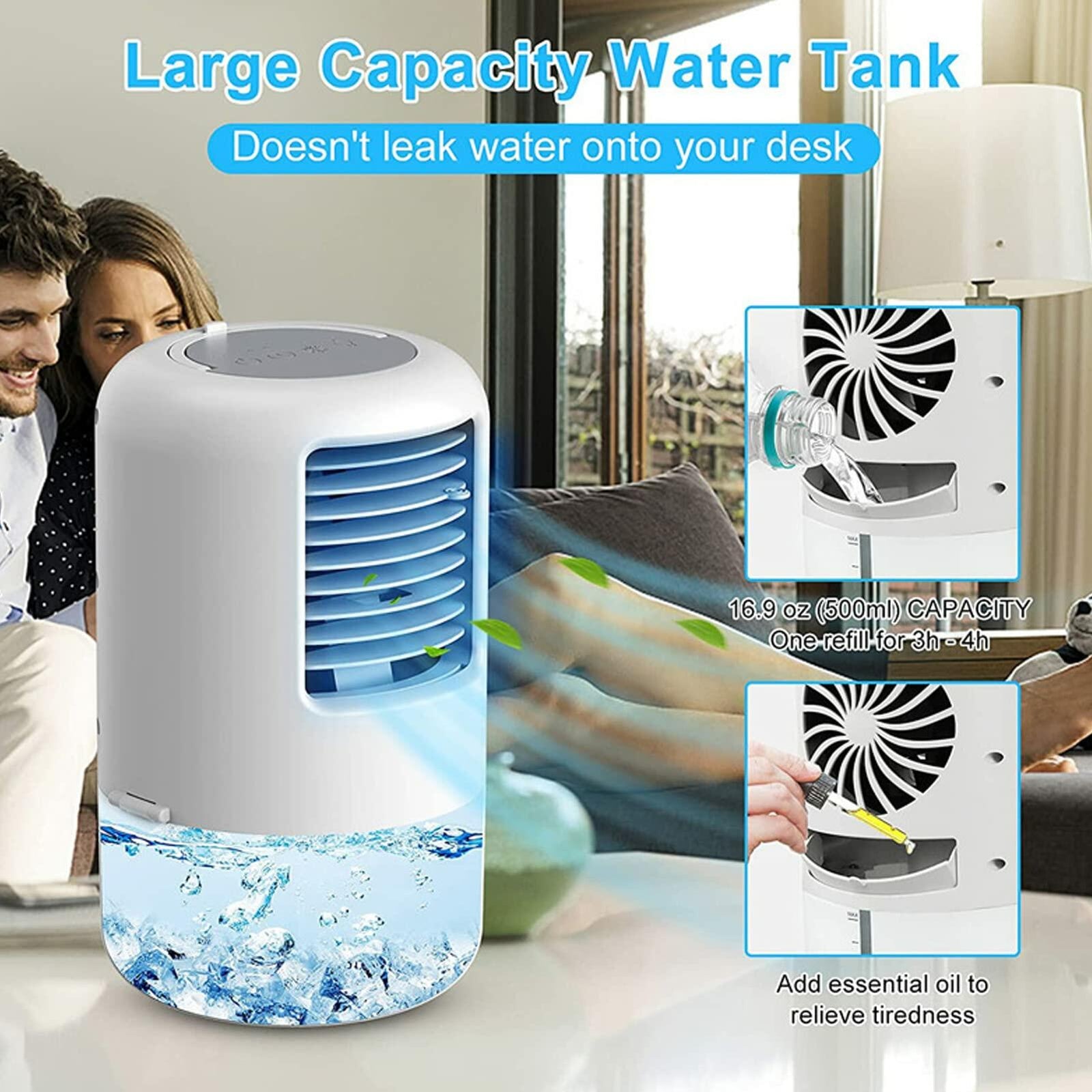 YUYTE Portable Air Conditioner Cooler Humidifier 3 Speeds 7 Colors 500ML White