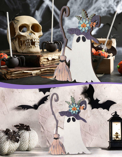 Load image into Gallery viewer, Yousoontic Wooden Halloween Ghost Witch Tabletop Decor 11x7.9in Black White
