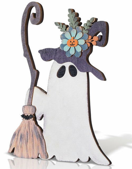 Load image into Gallery viewer, Yousoontic Wooden Halloween Ghost Witch Tabletop Decor 11x7.9in Black White

