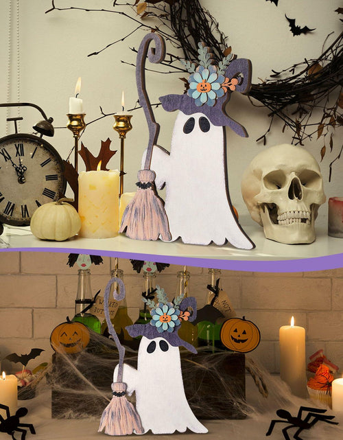Load image into Gallery viewer, Yousoontic Wooden Halloween Ghost Witch Tabletop Decor 11x7.9in Black White
