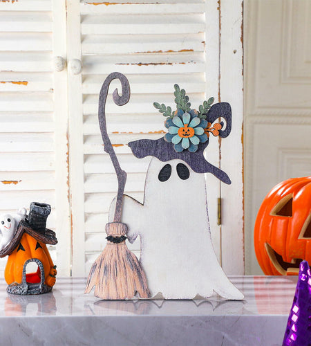 Yousoontic Wooden Halloween Ghost Witch Tabletop Decor 11x7.9in Black White
