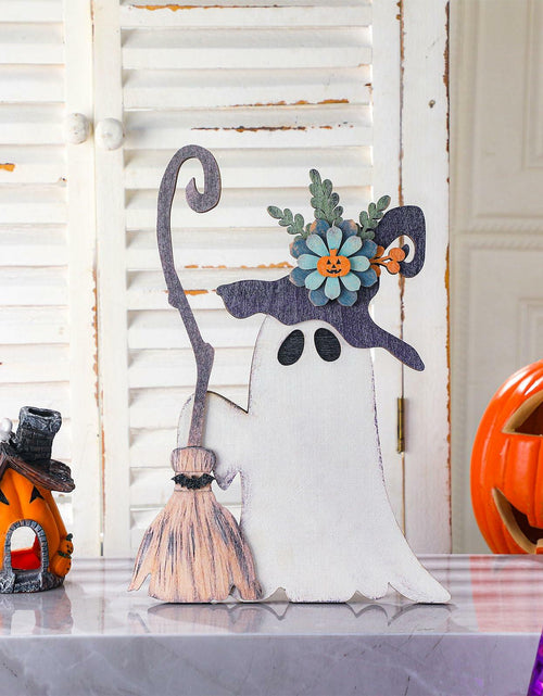 Load image into Gallery viewer, Yousoontic Wooden Halloween Ghost Witch Tabletop Decor 11x7.9in Black White
