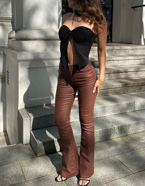 Load image into Gallery viewer, Kodaruber Women Faux Leather High Waisted Flare Pants Light Brown Size M
