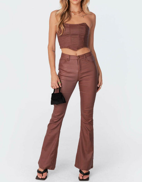 Load image into Gallery viewer, Kodaruber Women Faux Leather High Waisted Flare Pants Light Brown Size M
