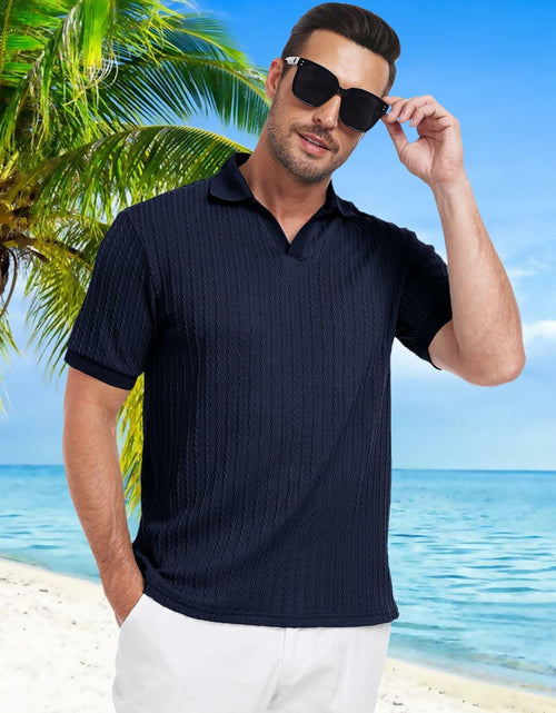 Load image into Gallery viewer, Knit Polo Shirt Men V Neck Buttonless Short Sleeve Navy Size M
