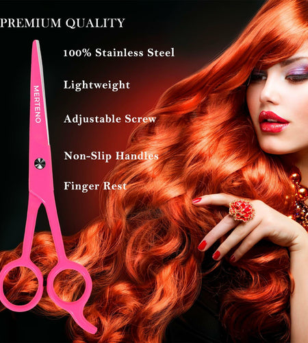 MERTENO Professional Hair Scissors 6.5 Inch Pink Rubber Handle Shears
