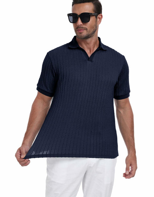 Load image into Gallery viewer, Knit Polo Shirt Men V Neck Buttonless Short Sleeve Navy Size M
