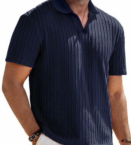 Knit Polo Shirt Men V Neck Buttonless Short Sleeve Navy Size M