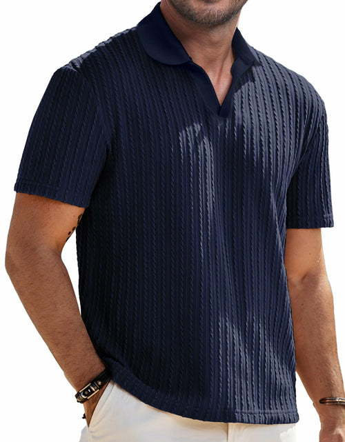 Load image into Gallery viewer, Knit Polo Shirt Men V Neck Buttonless Short Sleeve Navy Size M

