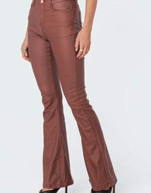 Load image into Gallery viewer, Kodaruber Women Faux Leather High Waisted Flare Pants Light Brown Size M
