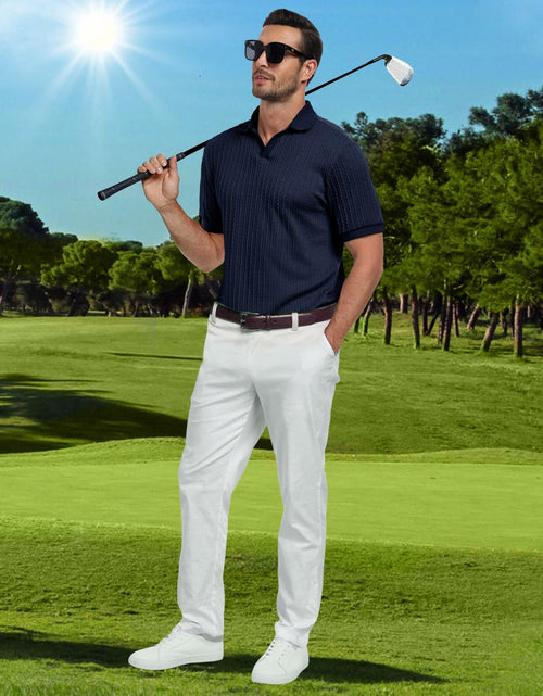 Load image into Gallery viewer, Knit Polo Shirt Men V Neck Buttonless Short Sleeve Navy Size M
