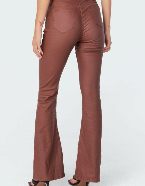 Load image into Gallery viewer, Kodaruber Women Faux Leather High Waisted Flare Pants Light Brown Size M
