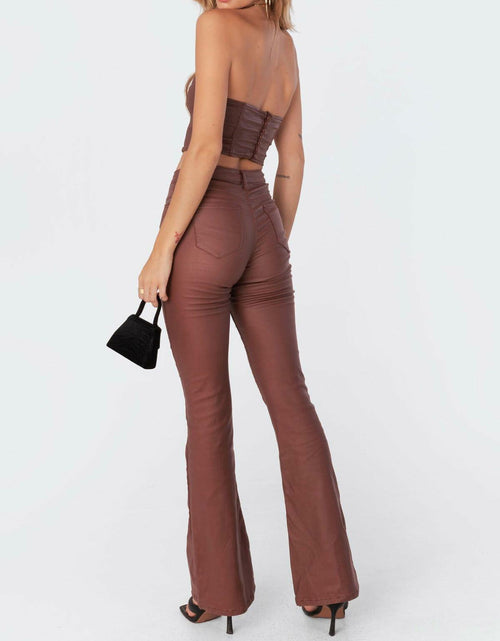Load image into Gallery viewer, Kodaruber Women Faux Leather High Waisted Flare Pants Light Brown Size M
