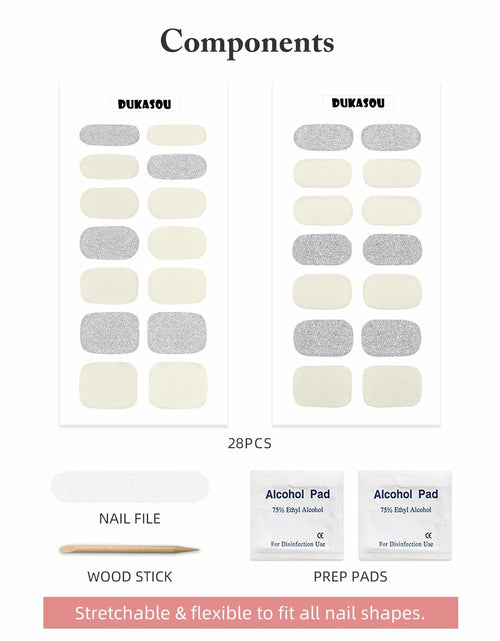 Load image into Gallery viewer, DUKASOU Semi Cured Gel Nail Strips 28 pcs Creamy White Glitter UV Light
