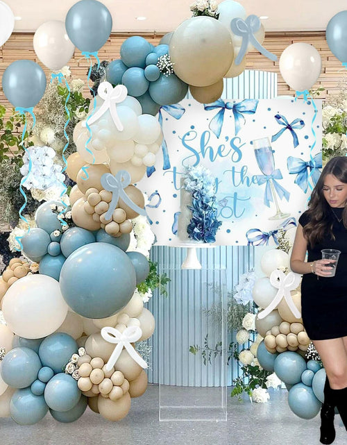 Load image into Gallery viewer, BACH AND BOUJEE She's Tying The Knot Backdrop Blue Bridal Shower Banner
