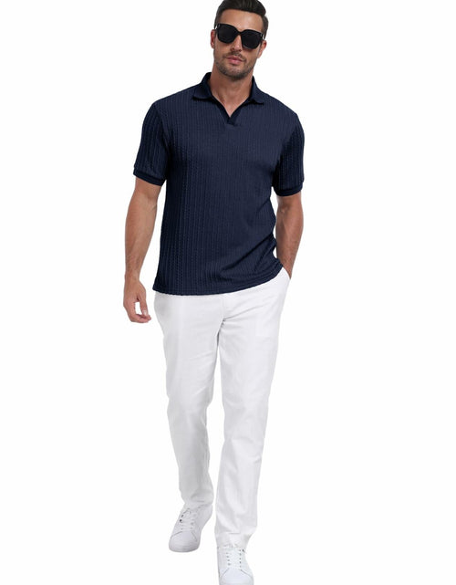 Load image into Gallery viewer, Knit Polo Shirt Men V Neck Buttonless Short Sleeve Navy Size M

