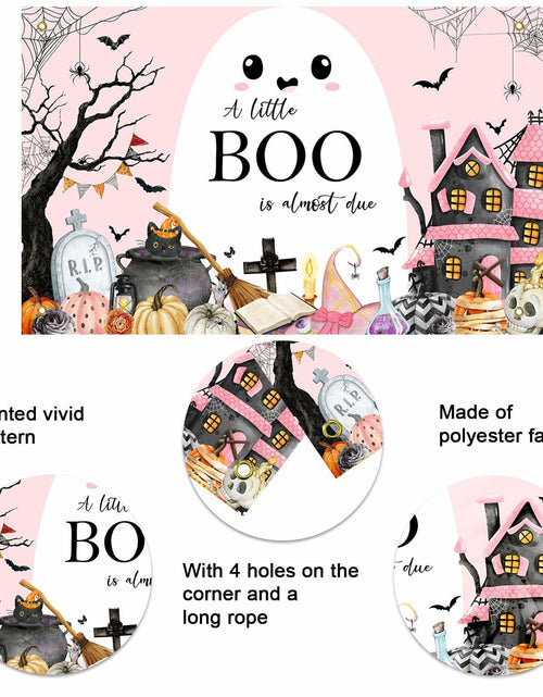 Load image into Gallery viewer, Mocsicka Little Boo Halloween Baby Shower Backdrop Banner Pink Black 70.8x43.3in

