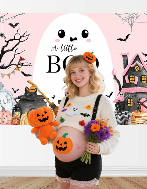 Load image into Gallery viewer, Mocsicka Little Boo Halloween Baby Shower Backdrop Banner Pink Black 70.8x43.3in
