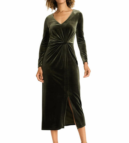 Maggy London Women's V Neck MIDI Dress Draped Knot Waist Slit Rosin Size M