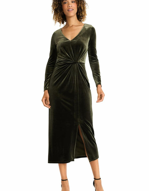 Load image into Gallery viewer, Maggy London Women's V Neck MIDI Dress Draped Knot Waist Slit Rosin Size M
