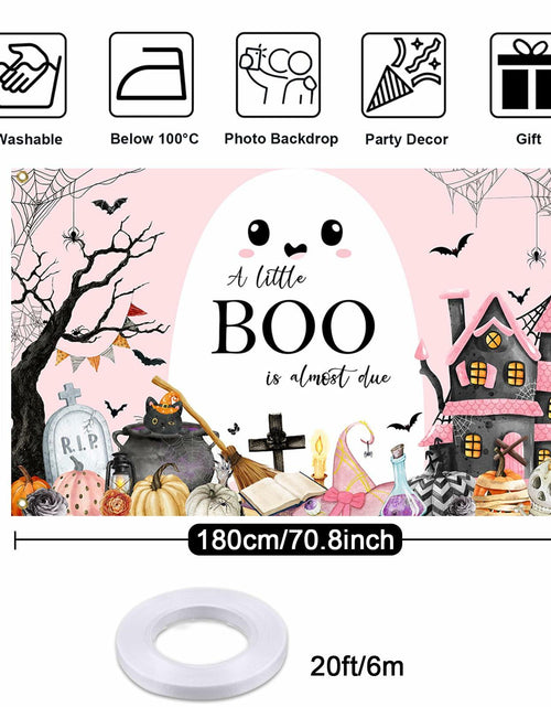 Load image into Gallery viewer, Mocsicka Little Boo Halloween Baby Shower Backdrop Banner Pink Black 70.8x43.3in
