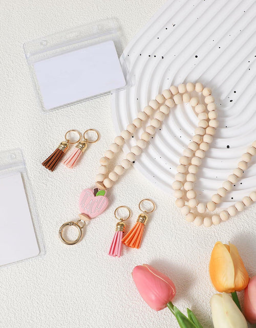 Load image into Gallery viewer, Bremorou Teacher Lanyard with ID Holder, Pink Wooden Beaded Boho Tassel
