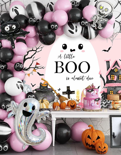 Load image into Gallery viewer, Mocsicka Little Boo Halloween Baby Shower Backdrop Banner Pink Black 70.8x43.3in
