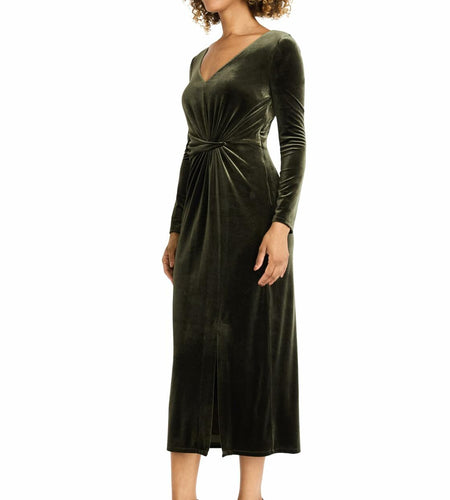 Maggy London Women's V Neck MIDI Dress Draped Knot Waist Slit Rosin Size M